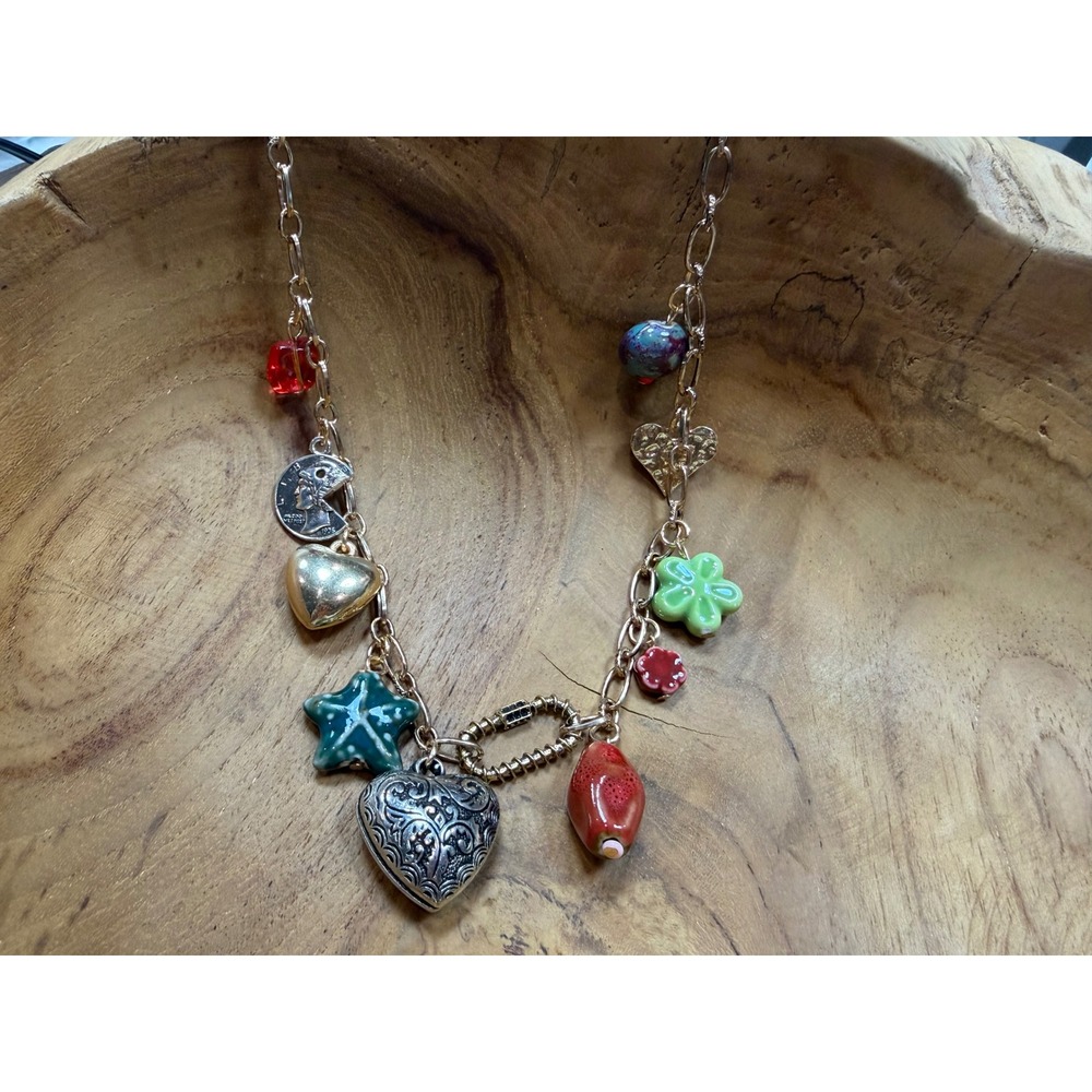 Gold Tone Multi Charm Necklace Mixed Media Heart Star Flower Ceramic Beads NWOT